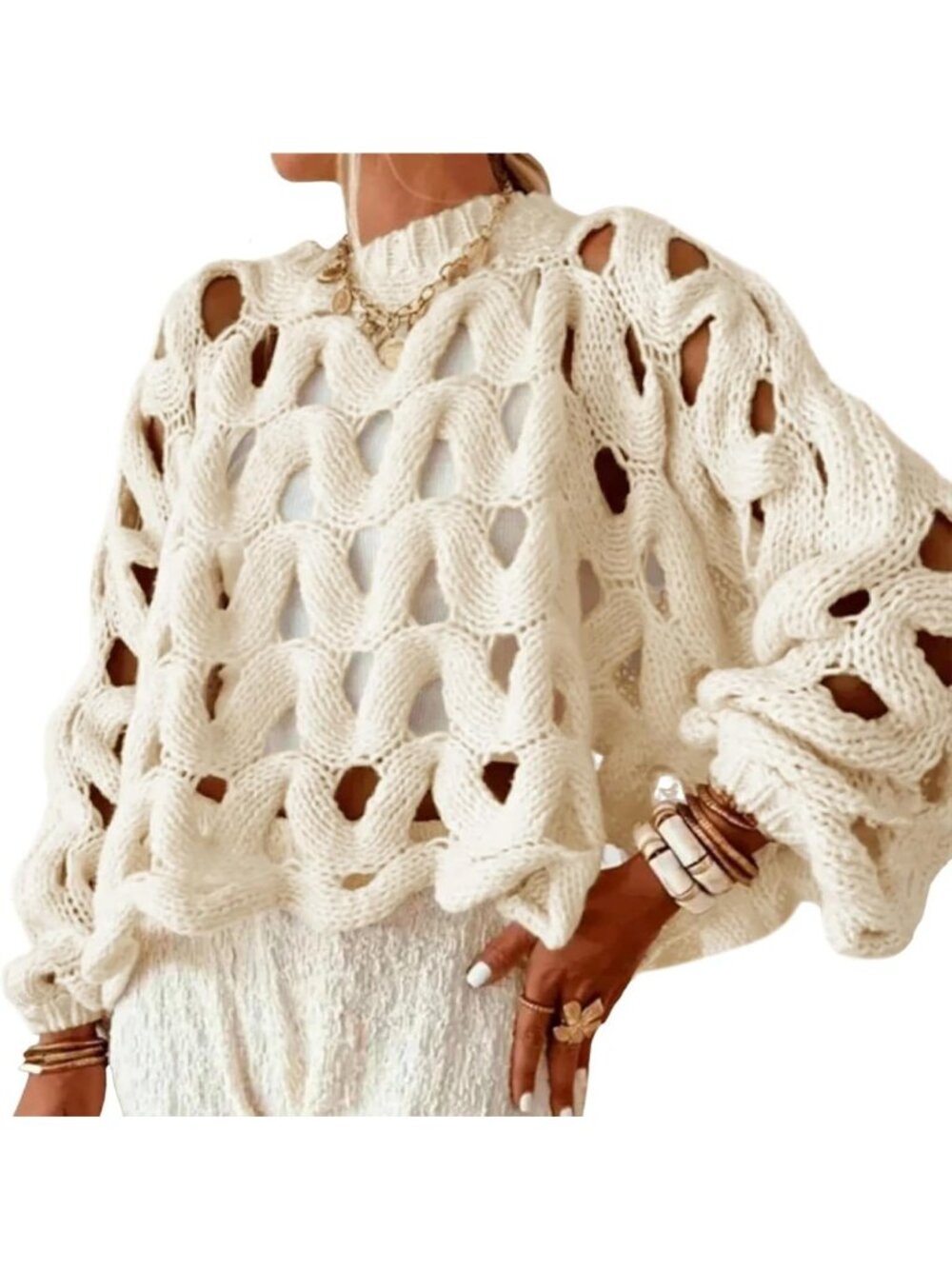 Oversized Crochet Chunky Knit Sweater - Women's Long Sleeve Hollow Out Pullover
